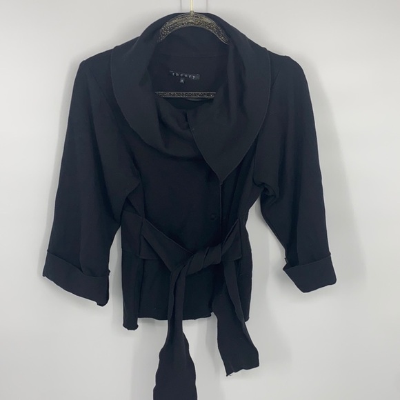 Theory Women's Black Oversized Collar Belted Sweater size Small Asymmetrical - Picture 2 of 8